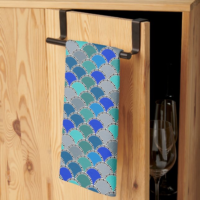 Retro Turquoise Blue Teal Grey Scales Pattern Kitchen Towel (Thirds Fold)