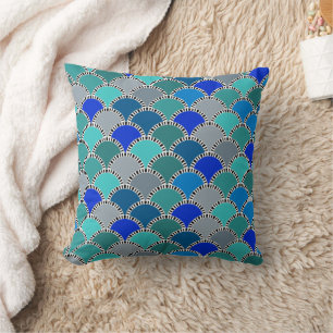 Retro Turquoise Blue Teal Grey Scales Pattern Throw Pillow