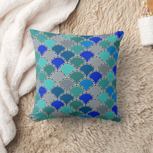 Retro Turquoise Blue Teal Grey Scales Pattern Throw Pillow (Blanket)