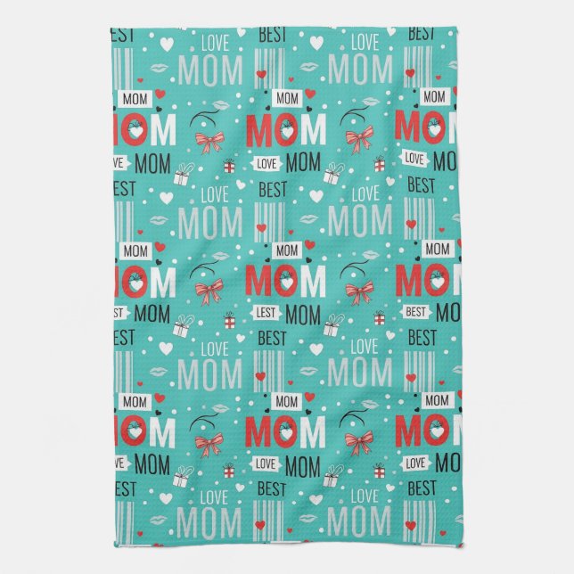 Retro Turquoise Comic MOM Love Pattern Kitchen Towel (Vertical)