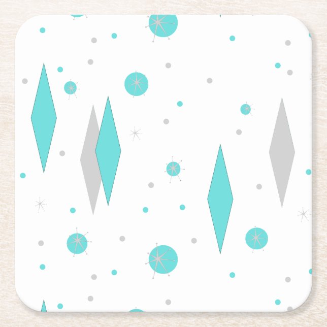 Retro Turquoise Diamond & Starburst Paper Coaster (Front)