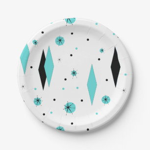 Retro Turquoise Diamond & Starburst Paper Plates