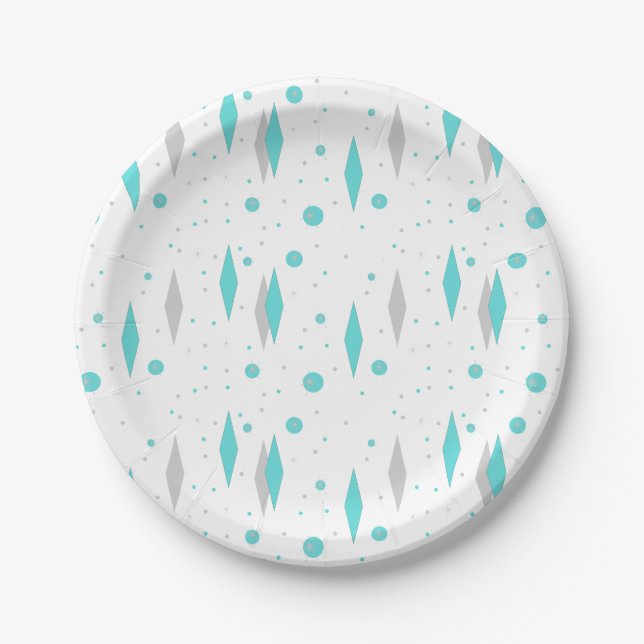 Retro Turquoise Diamond & Starburst Paper Plates (Front)