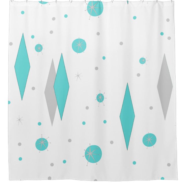Retro Turquoise Diamond & Starburst Shower Curtain (Front)