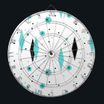 Retro Turquoise Diamonds & Starbursts Dart Board<br><div class="desc">This Retro Turquoise Diamonds and Starbursts Dart Board is a new take on a vintage style. It features kitschy, black starbursts on turquoise polka dots, surrounding geometric, turquoise and black diamond shapes. Customize the background colour on this mid century modern product if you're feeling daring, or leave it white if...</div>