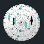 Retro Turquoise Diamonds & Starbursts Dart Board<br><div class="desc">This Retro Turquoise Diamonds and Starbursts Dart Board is a new take on a vintage style. It features kitschy, black starbursts on turquoise polka dots, surrounding geometric, turquoise and black diamond shapes. Customize the background colour on this mid century modern product if you're feeling daring, or leave it white if...</div>