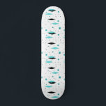 Retro Turquoise Diamonds & Starbursts Skateboard<br><div class="desc">This Retro Turquoise Diamonds and Starbursts Skateboard is a new take on a vintage style. It features kitschy, black starbursts on turquoise polka dots, surrounding geometric, turquoise and black diamond shapes. Customize the background colour on this mid century modern product if you're feeling daring, or leave it white if subdued...</div>