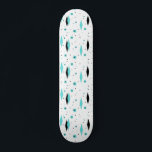 Retro Turquoise Diamonds & Starbursts Skateboard<br><div class="desc">This Retro Turquoise Diamonds and Starbursts Skateboard is a new take on a vintage style. It features kitschy, black starbursts on turquoise polka dots, surrounding geometric, turquoise and black diamond shapes. Customize the background colour on this mid century modern product if you're feeling daring, or leave it white if subdued...</div>