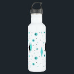Retro Turquoise Diamonds & Starbursts Water Bottle<br><div class="desc">This Retro Turquoise Diamonds and Starbursts Water Bottle is a new take on a vintage style. It features kitschy, black starbursts on turquoise polka dots, surrounding geometric, turquoise and black diamond shapes. Customize the background colour on this mid century modern product if you're feeling daring, or leave it white if...</div>