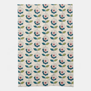 Retro Turquoise Floral Pattern Kitchen Towel