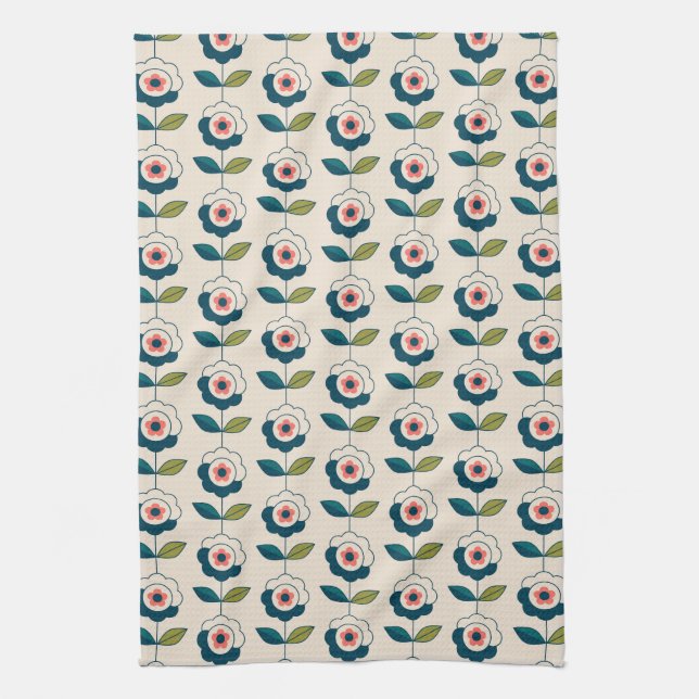 Retro Turquoise Floral Pattern Kitchen Towel (Vertical)