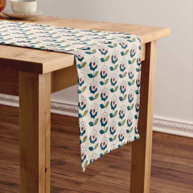 Retro Turquoise Floral Pattern Short Table Runner (In Situ)