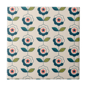 Retro Turquoise Floral Pattern Tile