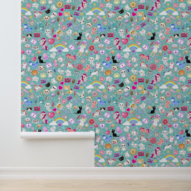 Retro Turquoise Kawaii Cartoon Decora Nursery  Wallpaper (Application)