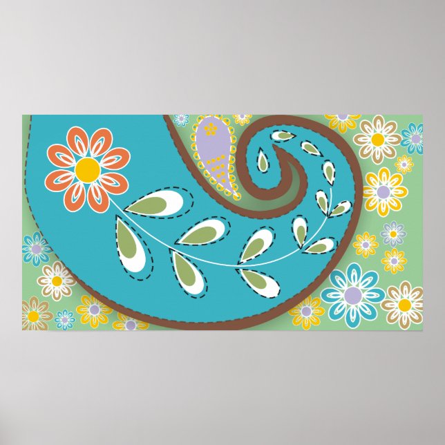 Retro turquoise paisley with flowers poster (Front)