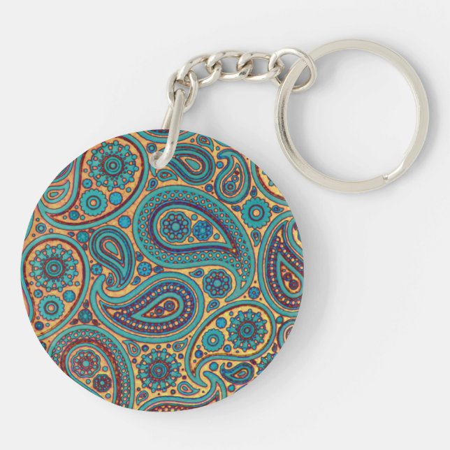 Retro Turquoise Rainbow Paisley motif Keychain (Back)