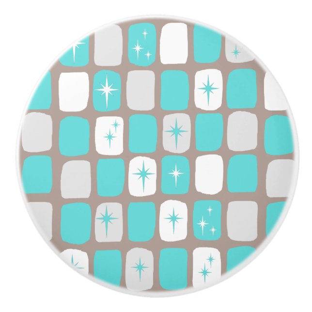 Retro Turquoise Starbursts Ceramic Knob (Front)