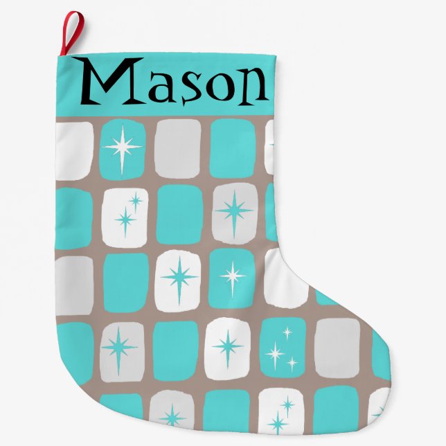Retro Turquoise Starbursts Christmas Stocking (Front)