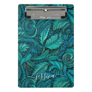 Retro turquoise tooled leather script name  mini clipboard