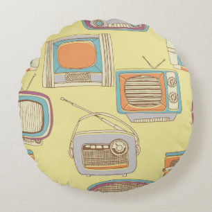 retro tv and radio. seamless pattern round pillow