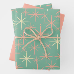 Retro Twinkling Stars Midcentury Pattern Pink Teal Wrapping Paper Sheet