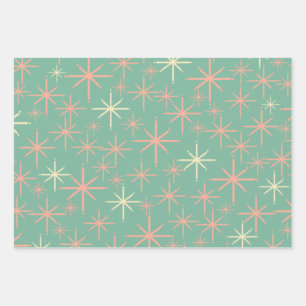 Retro Twinkling Stars Midcentury Pattern Teal Pink Wrapping Paper Sheet