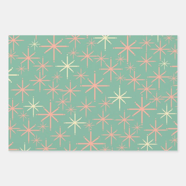 Retro Twinkling Stars Midcentury Pattern Teal Pink Wrapping Paper Sheet (Front)
