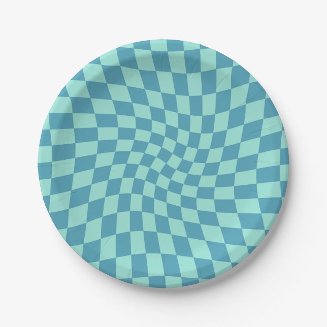 Retro Twist Blue Checks Warped Chequerboard Paper Plate (Front)