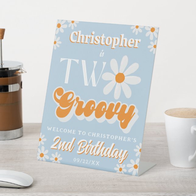 Retro Two Groovy Boys 2nd Birthday Welcome Pedestal Sign (In SItu)