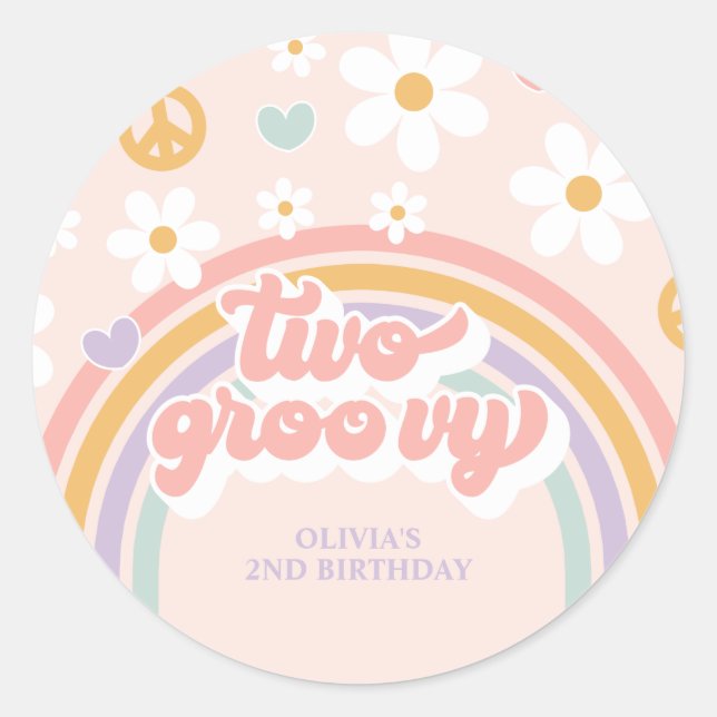 Retro Two Groovy Girl Rainbow 2nd Birthday Classic Round Sticker (Front)