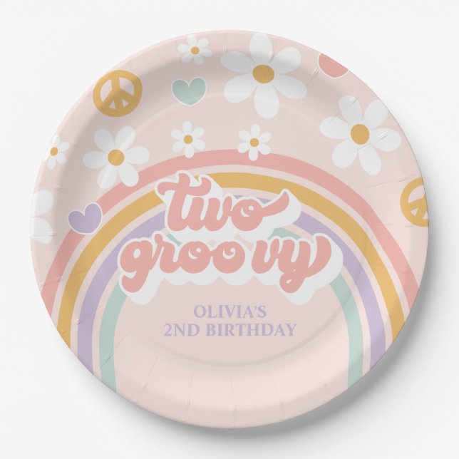 Retro Two Groovy Girl Rainbow 2nd Birthday Paper Plate (Front)