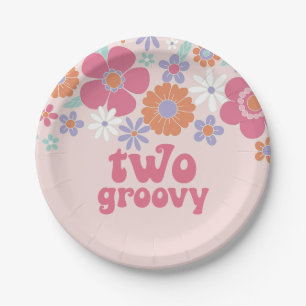 Retro Two Groovy Pink Floral Paper Plate