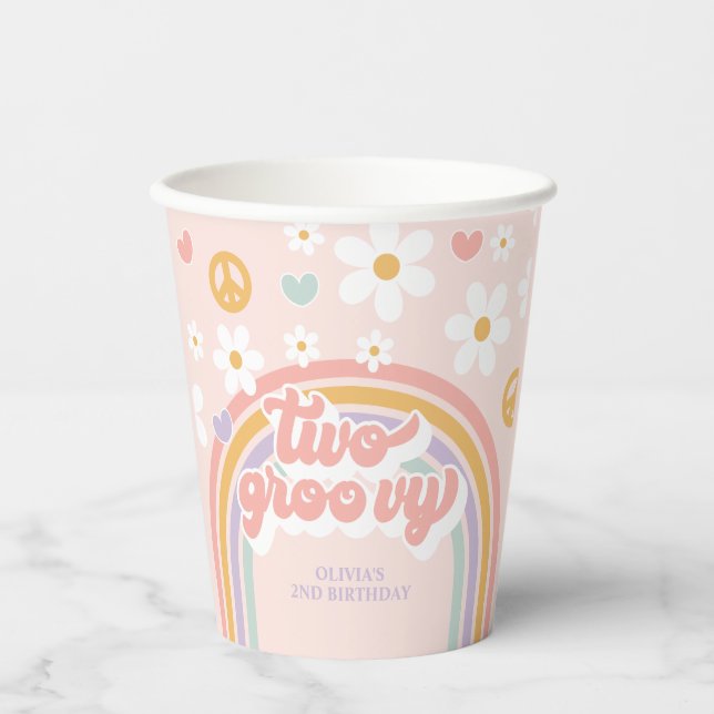 Retro Two Groovy Rainbow 2ND  Birthday Paper Cups (Front)