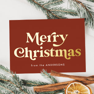 Retro Type Merry Christmas Brown and Gold Foil Holiday Card