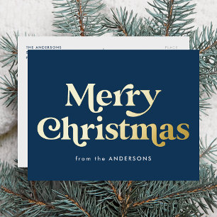 Retro Type Merry Christmas Navy and Gold Foil Holiday Postcard