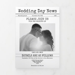 Retro Typewriter Wedding Newspaper Personalized Tri-Fold Holiday Card