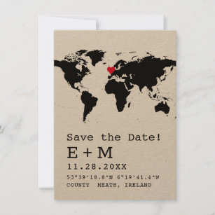 Retro Typewriter World Map with Heart Destination Save The Date