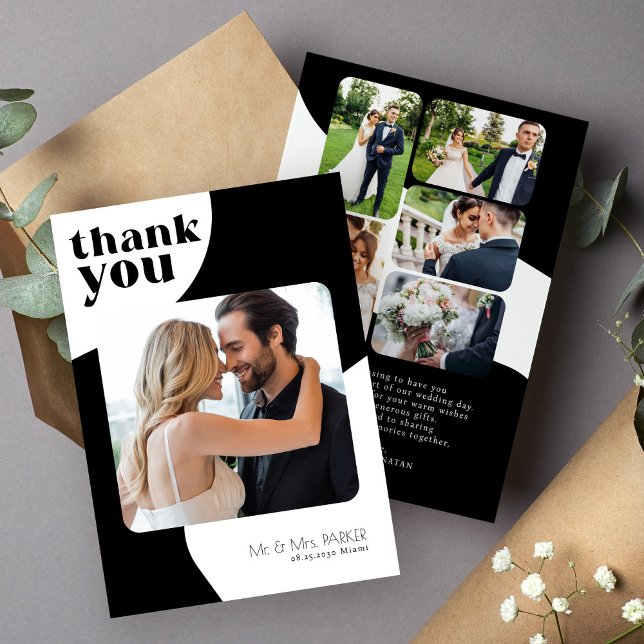 Retro typography 6 photo collage modern wedding thank you card (Creator Uploaded)
