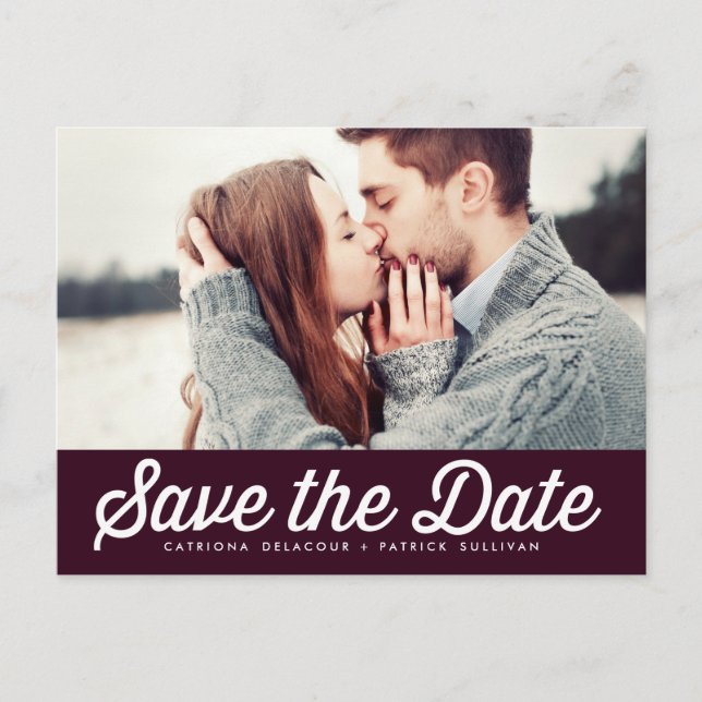 Retro Typography Aubergine Save the Date Photo Announcement Postcard (Front)