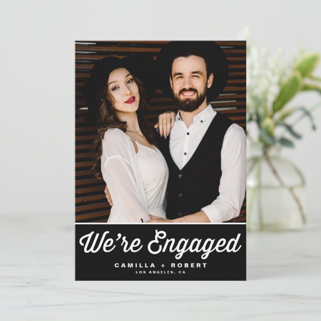 Retro Typography Black Photo Engagement Announcement (Standing Front)