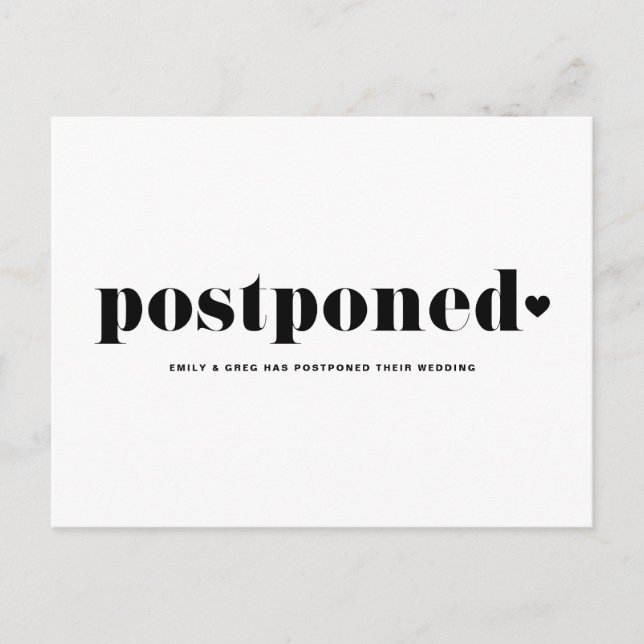 Retro Typography Black Postponed Wedding Date Announcement Postcard (Front)