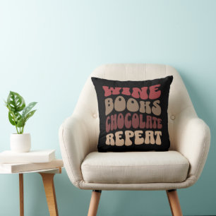 Retro Typography Books and Wine Throw Pillow