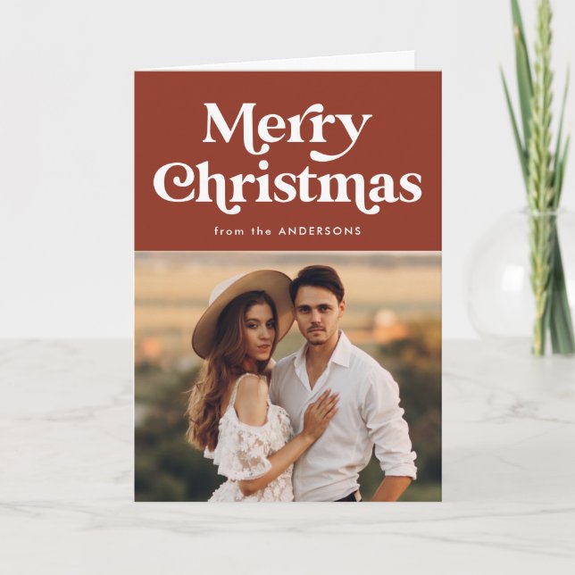 Retro Typography Brown Merry Christmas Photo Holiday Card (Front)
