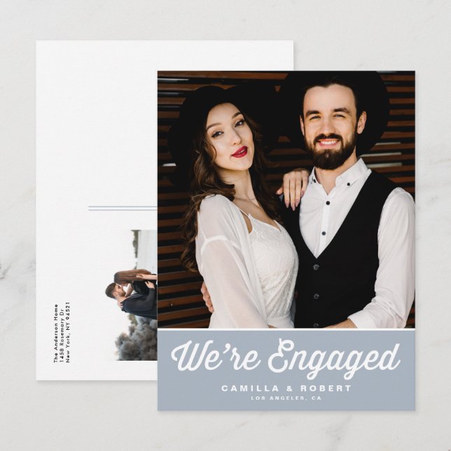 Retro Typography Dusty Blue Photo Engagement Announcement Postcard (Front/Back)