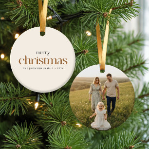 Retro Typography Family Photo Merry Christmas Ceramic Ornament