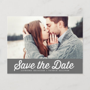 RETRO TYPOGRAPHY GRAY PHOTO SAVE THE DATE POSTCARD