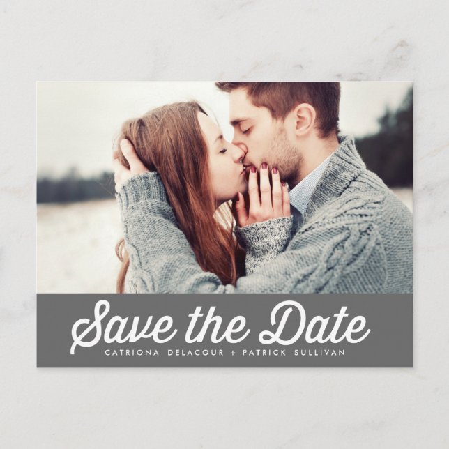 RETRO TYPOGRAPHY GRAY PHOTO SAVE THE DATE POSTCARD (Front)