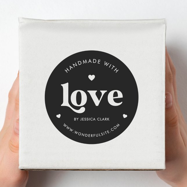 Retro Typography Handmade with Love Heart Black Classic Round Sticker (Creator Uploaded)