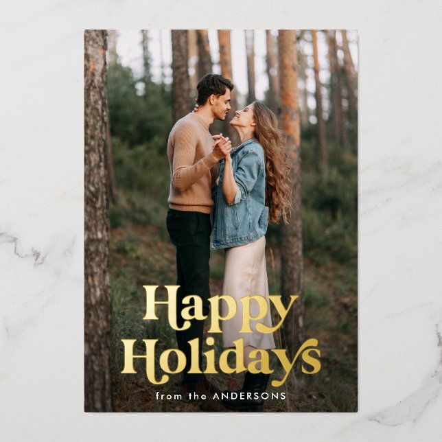 Retro Typography Happy Holidays Photo Foil Holiday Card (Front)