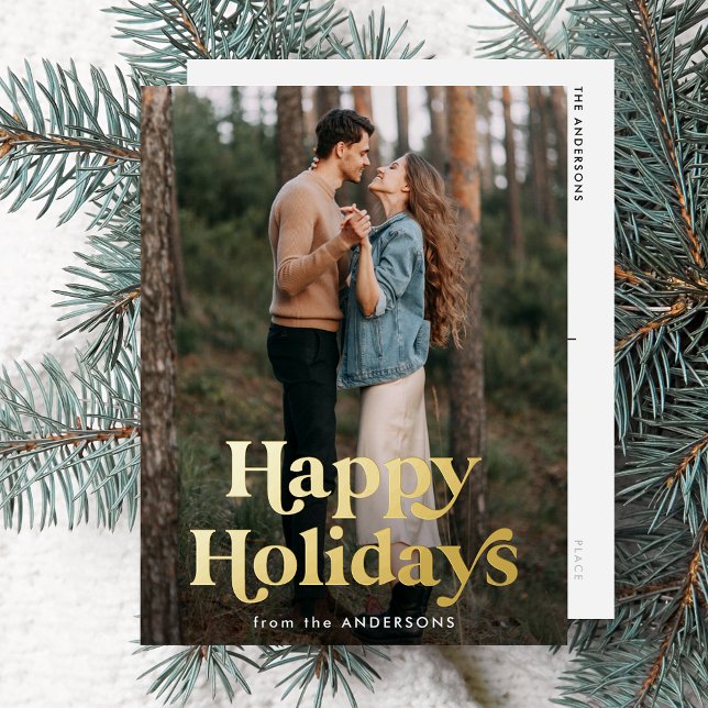 Retro Typography Happy Holidays Photo Foil Holiday Postcard (Creator Uploaded)
